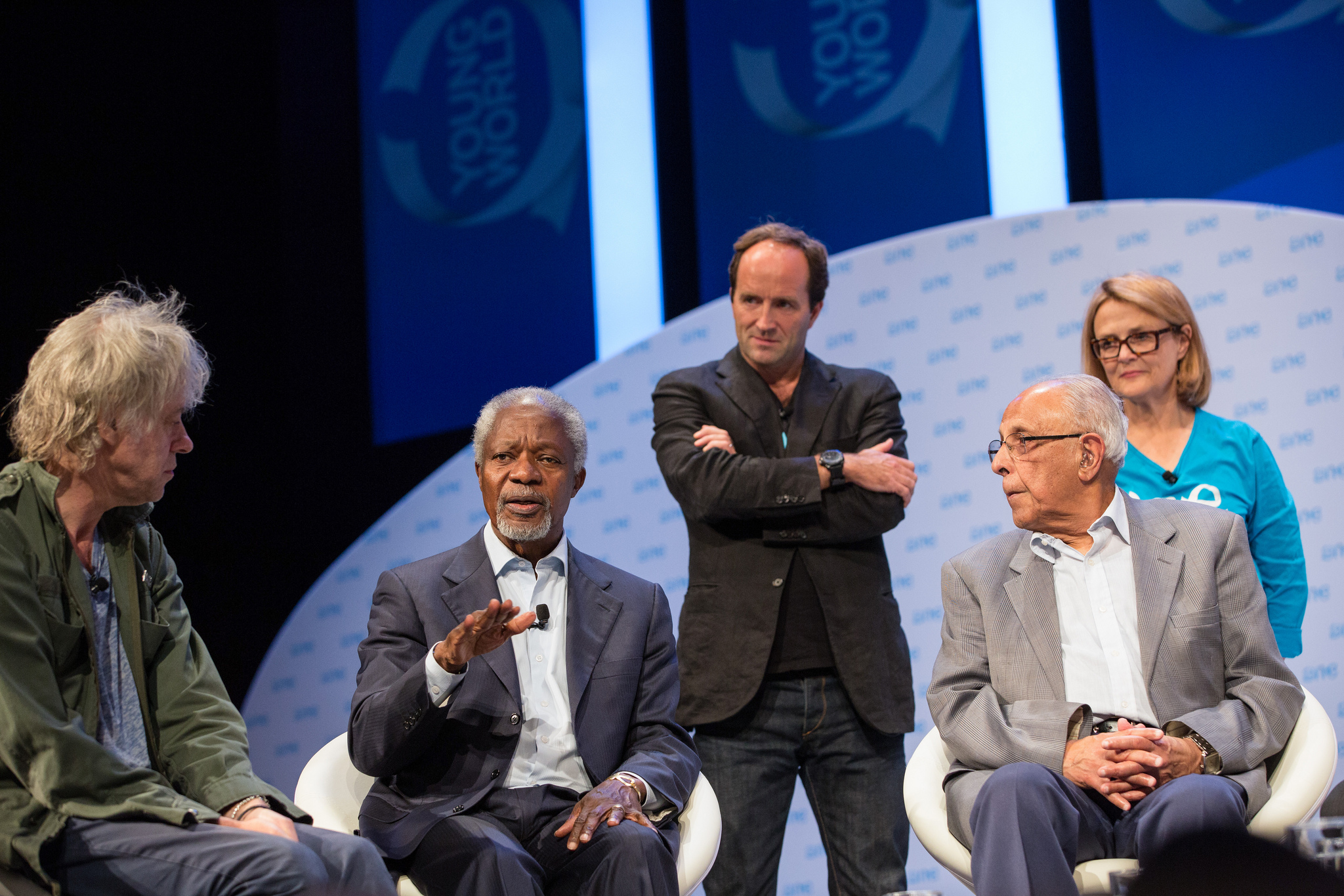 Ahmed Kathrada with Kofi Annan and Sir Bob Geldof at One Young World