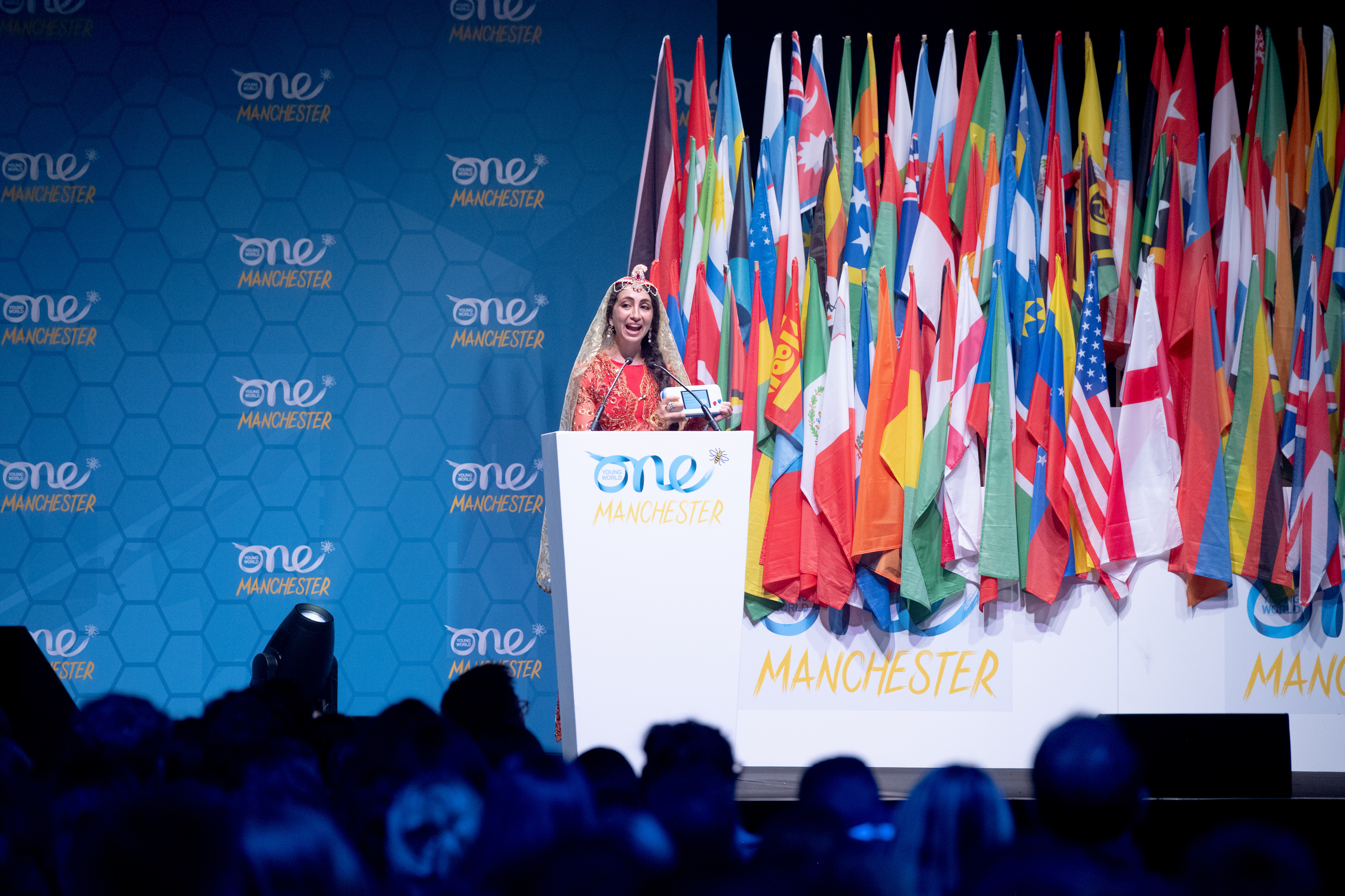 Soraya speaking on the mainstage at the One Young World Summit Manchester, 2022